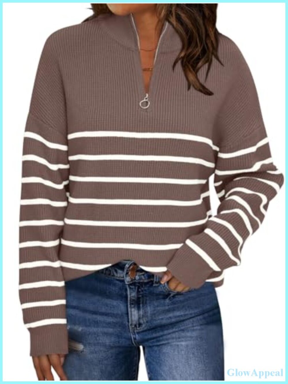 Oversized Quarter Zip Striped Ribbed Knit Sweater Pullover